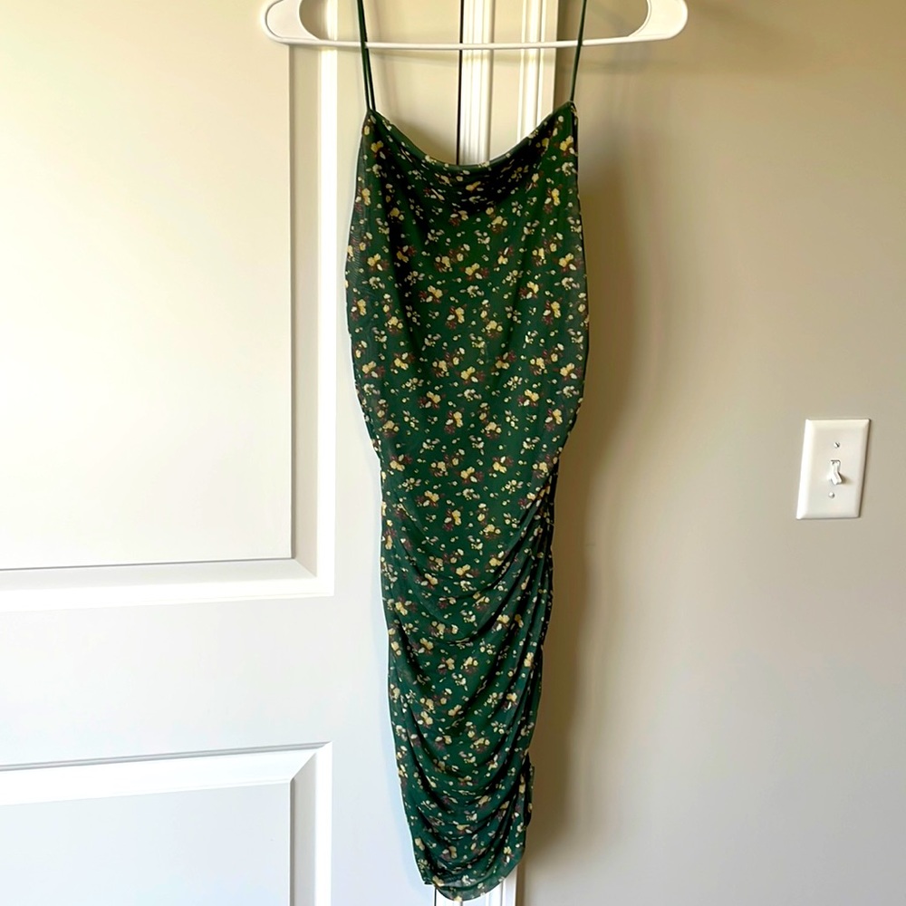 Green floral ruched slip dress
